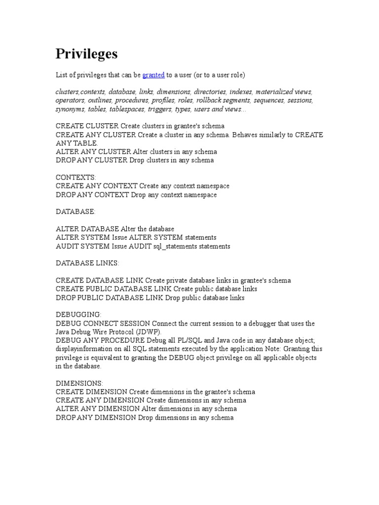 List of Privileges That Can Be Granted To A User | PDF | Database ...