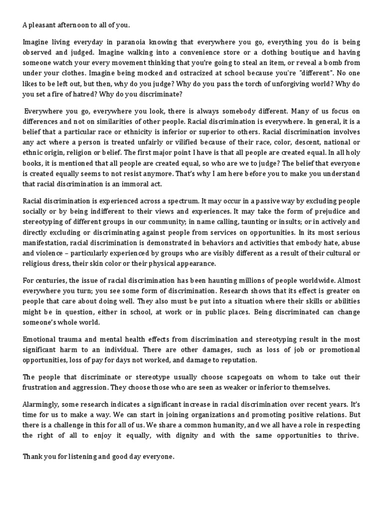 Persuasive Speech on Racism Racism Ethnicity, Race & Gender