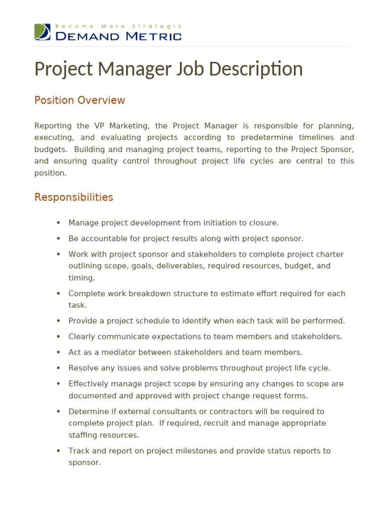 Project Manager Job Description | PDF | Project Management | Project ...