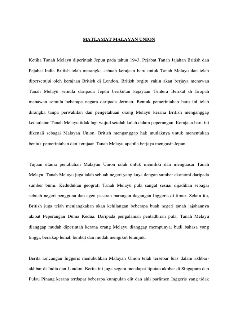 Matlamat Malayan Union Pdf