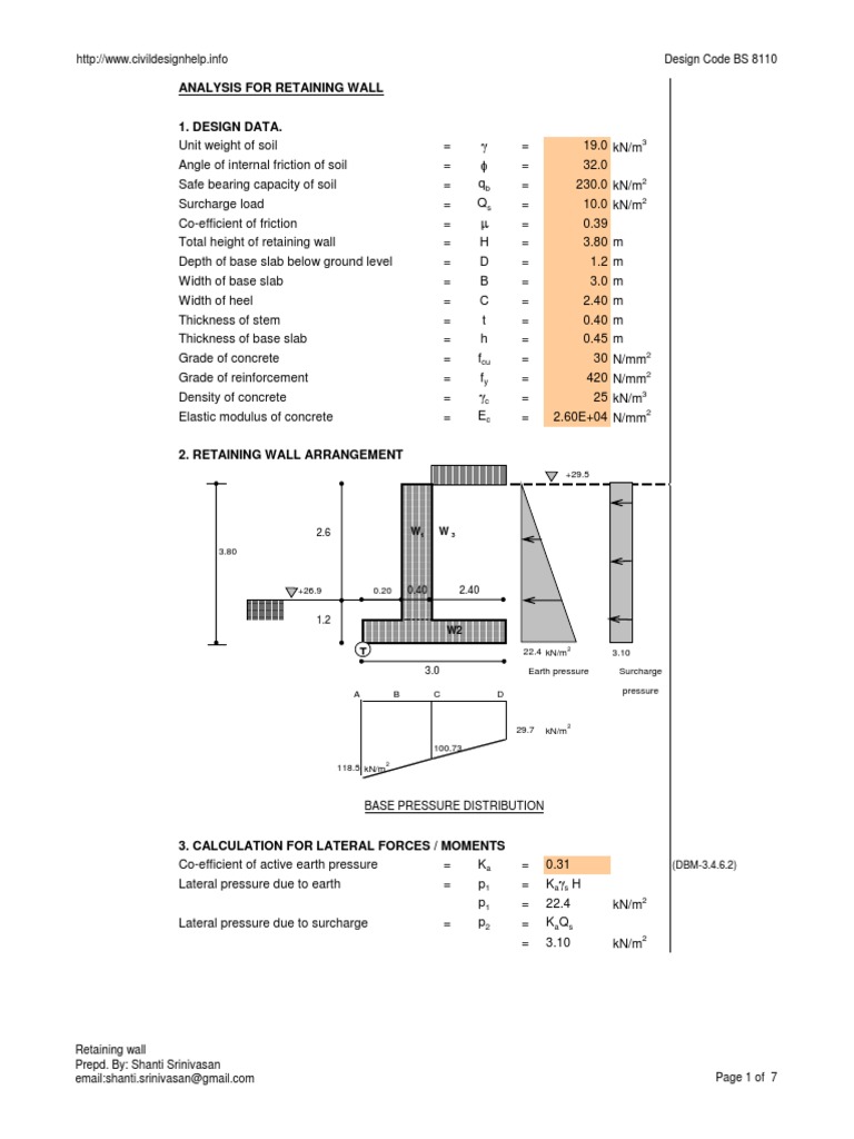 Retaining Wall Design per BS 8110 | PDF | Bending | Stress (Mechanics)
