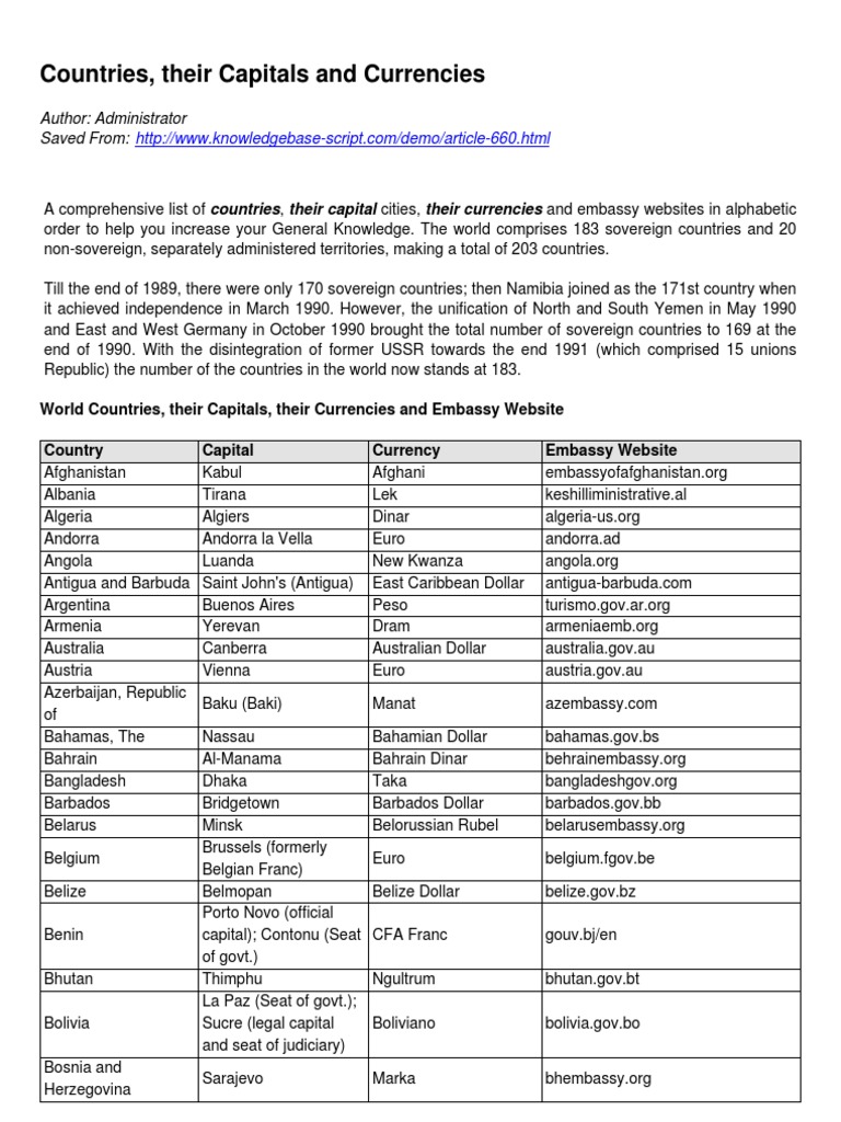 Global Capitals & Currencies Guide | PDF