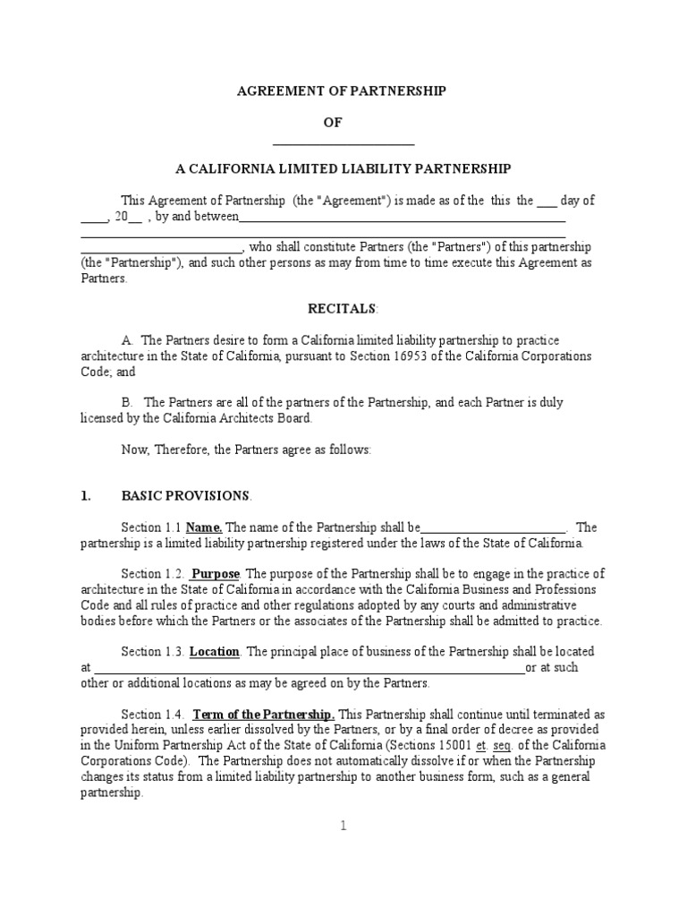 California LLP Operating Agreement-Architects | PDF | Limited Liability ...
