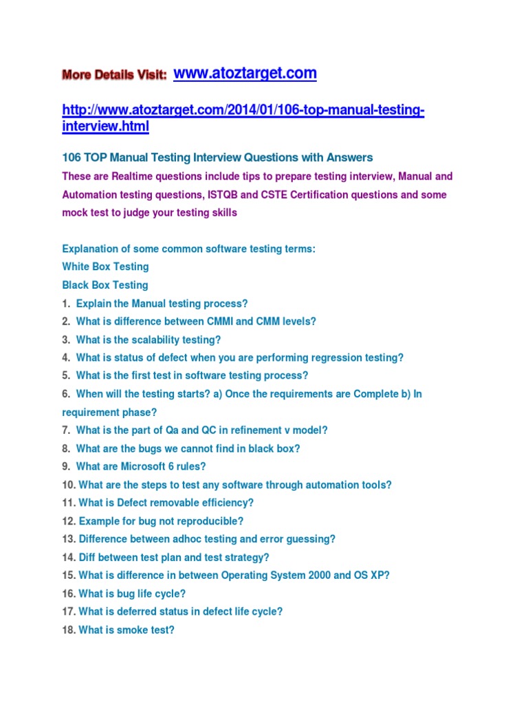 Manual Testing Interview Questions and Answers For Freshers | PDF ...