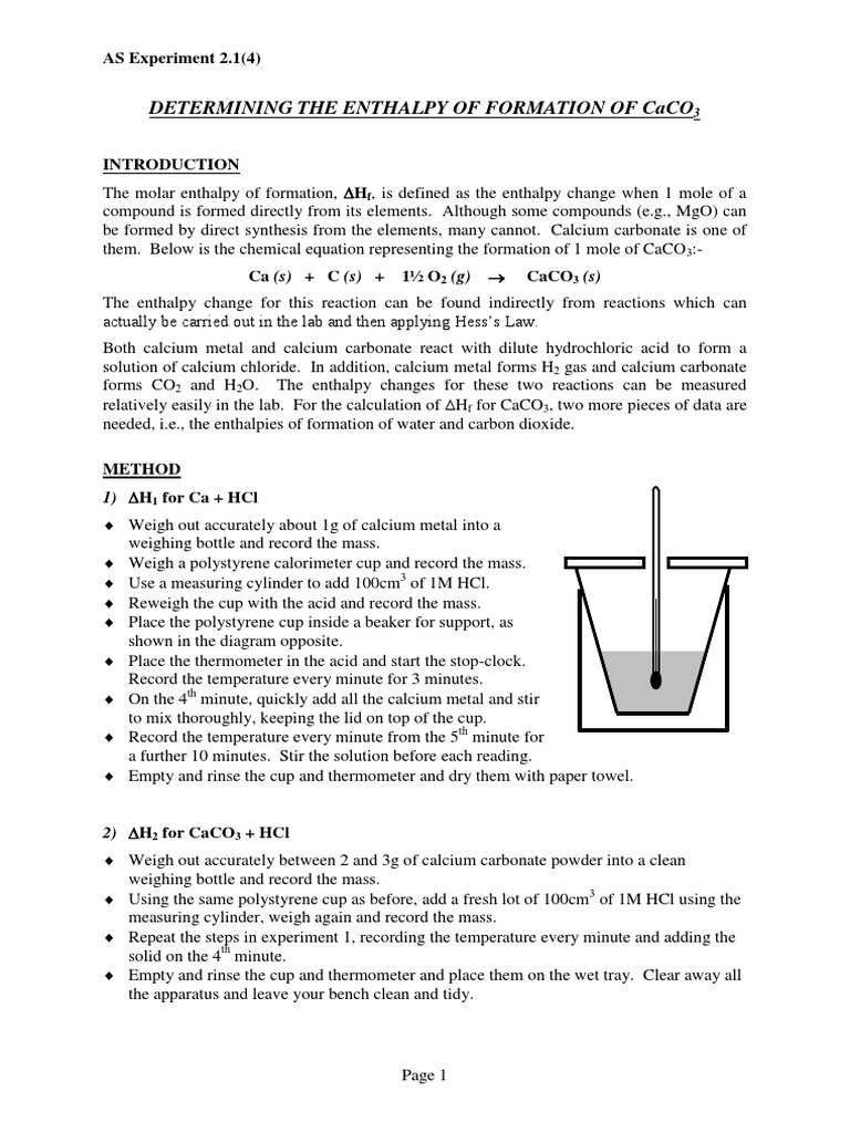 As Expt 2.1(4) Enthalpy of Formation of CaCO3 Enthalpy Chemistry