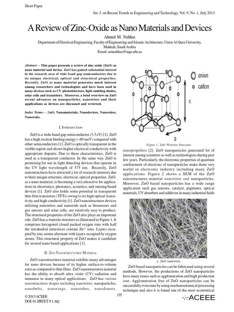 A Review of Zinc-Oxide As Nano Materials and Devices | PDF | Zinc Oxide ...