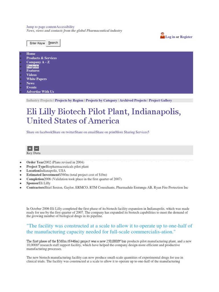 Eli Lilly Biotech Pilot Plant, Indianapolis, United States of America ...