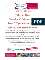 "Time To Talk" Day Talk - A - Thon Thursday 6 February 2014 9am - 5.00pm Basildon Library 5pm - 9.00pm Basildon Centre