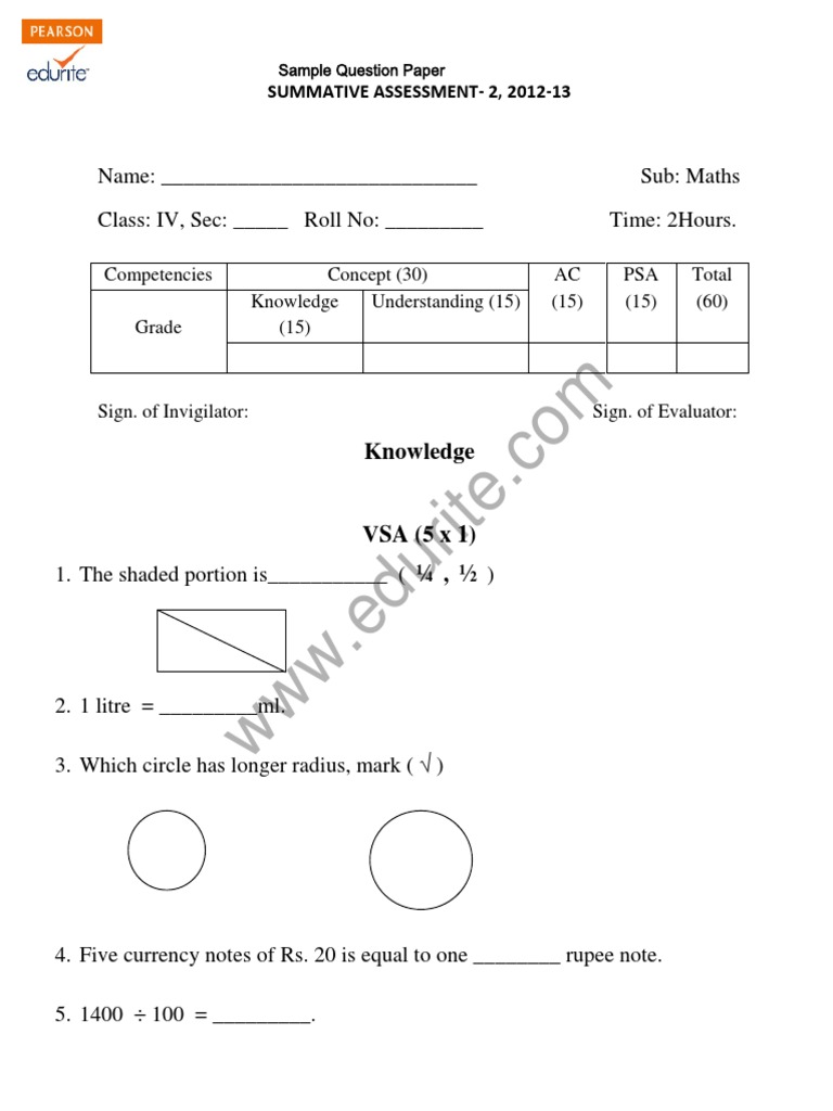 Class 4 Maths Summative Assessment Paper | PDF | Teaching Mathematics ...