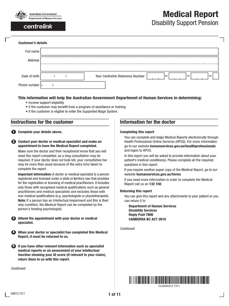Disability Support Pension Claim Forms | Specialty (Medicine) | Medical Diagnosis