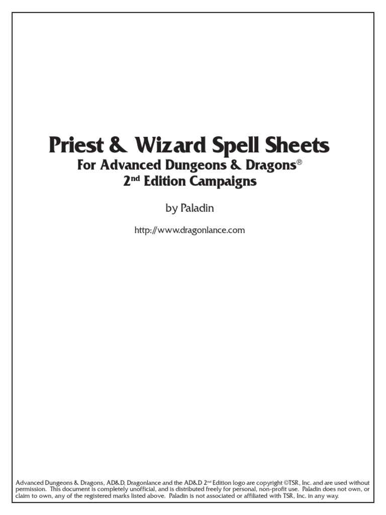 Dungeons And Dragons 2nd Edition Spell Sheets
