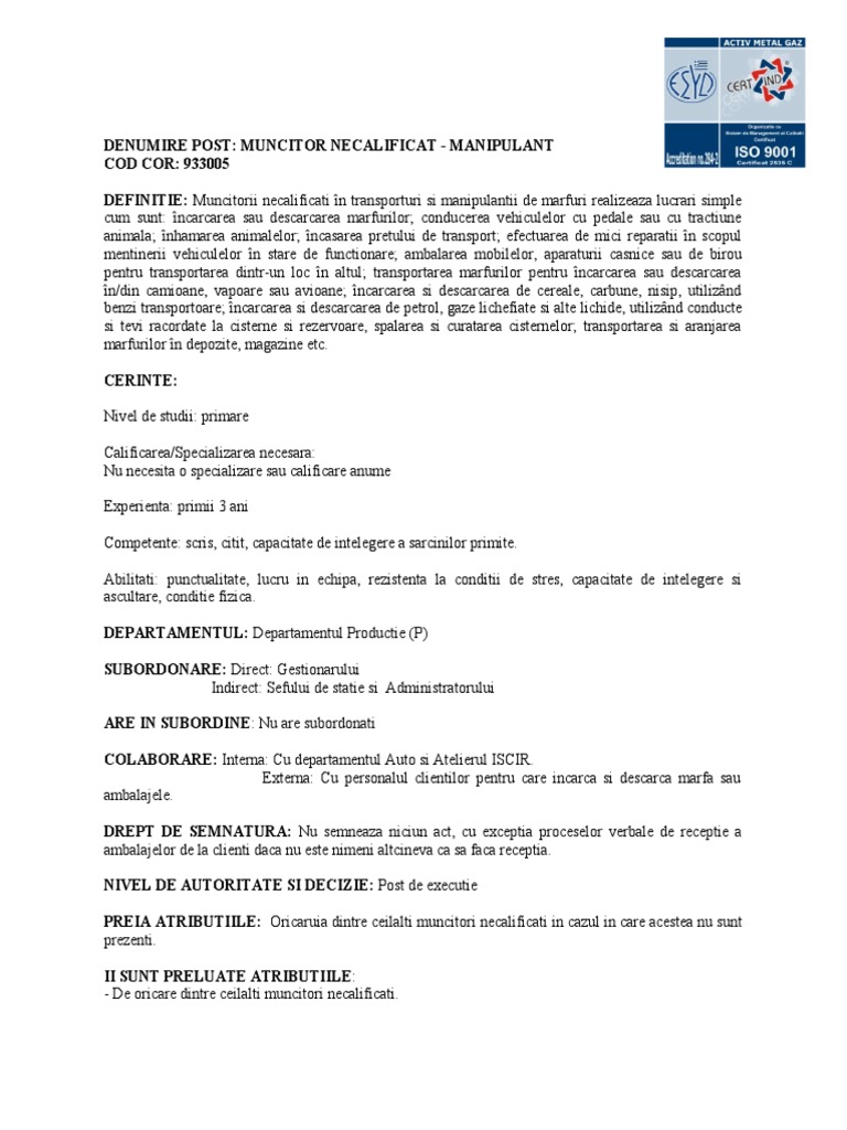 Fisa De Post Muncitor Necalificat Mazilu Cornel