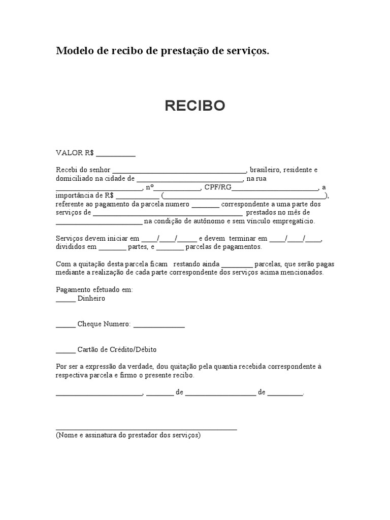 Modelo De Recibo De Prestação De Serviços Economias Serviços Economia