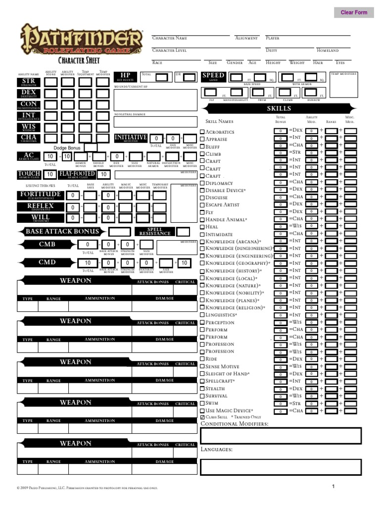 Pathfinder Fillable Character Sheet Pdf Role Playing Games Role Playing