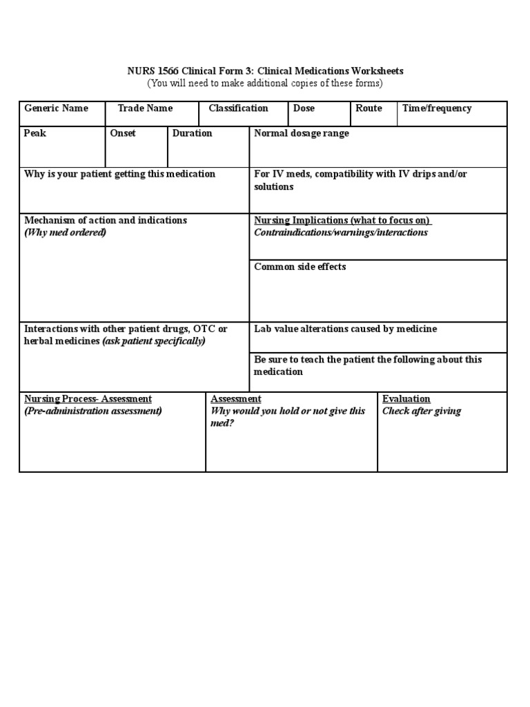 Clinical Medications Worksheet | PDF | Pharmaceutics | Therapy