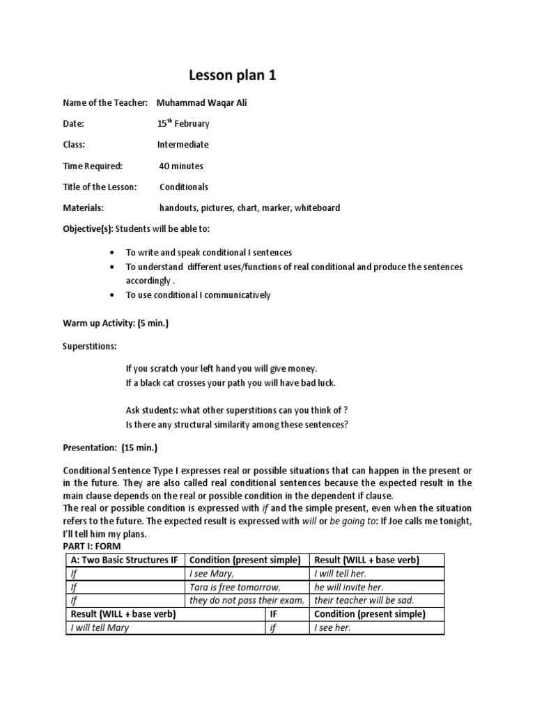 Lesson Plan Conditionals | Sentence (Linguistics) | Lesson Plan