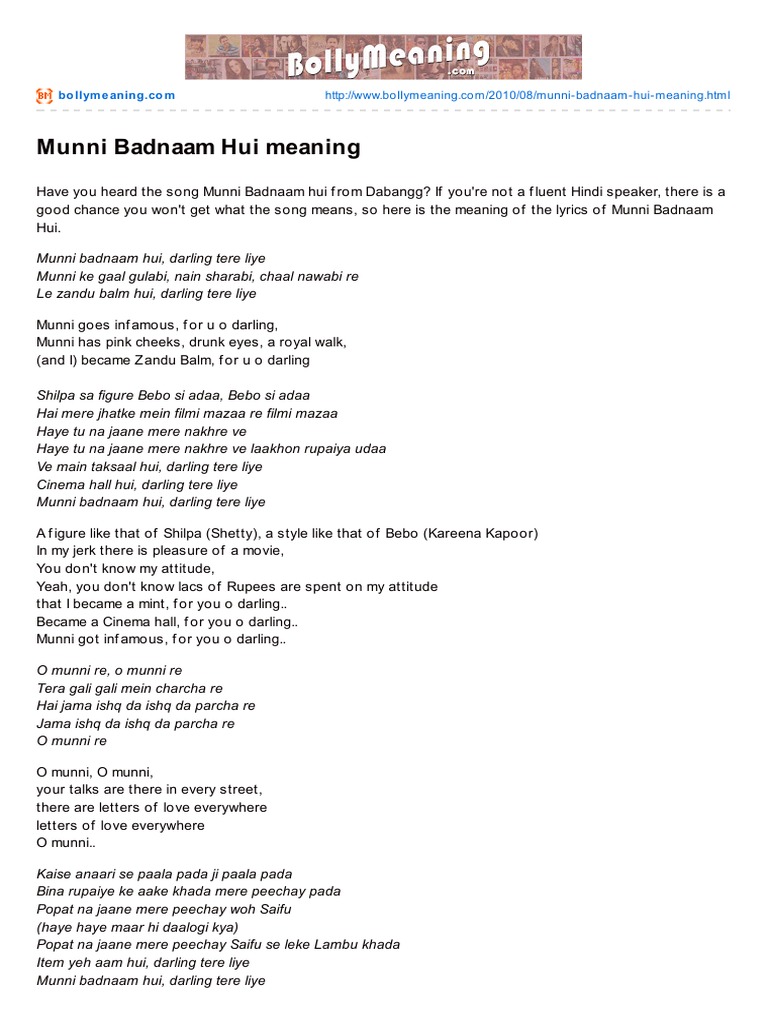 Munni Badnaam Hui Meaning PDF Hindi Language Media Bollywood