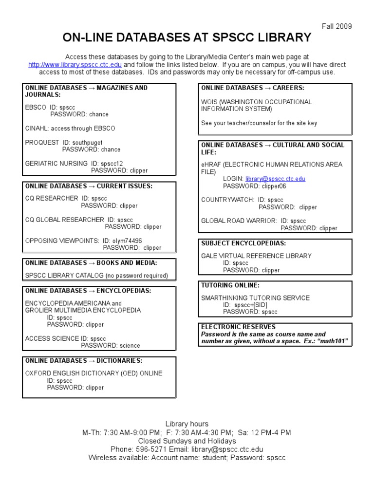 SPSCC Library Database Access Guide | PDF | Password | Databases