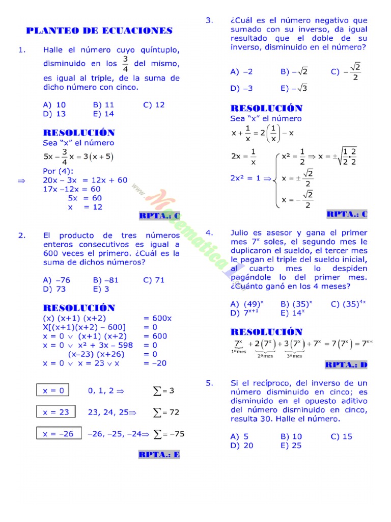 Planteo de Ecuaciones Ejercicios y Problemas Resueltos PDF ...