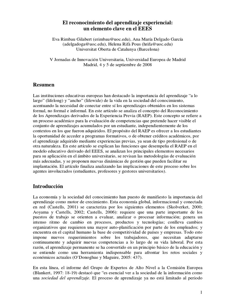 Reconocimiento de Aprendizaje Experiencial | PDF | Educación más alta ...