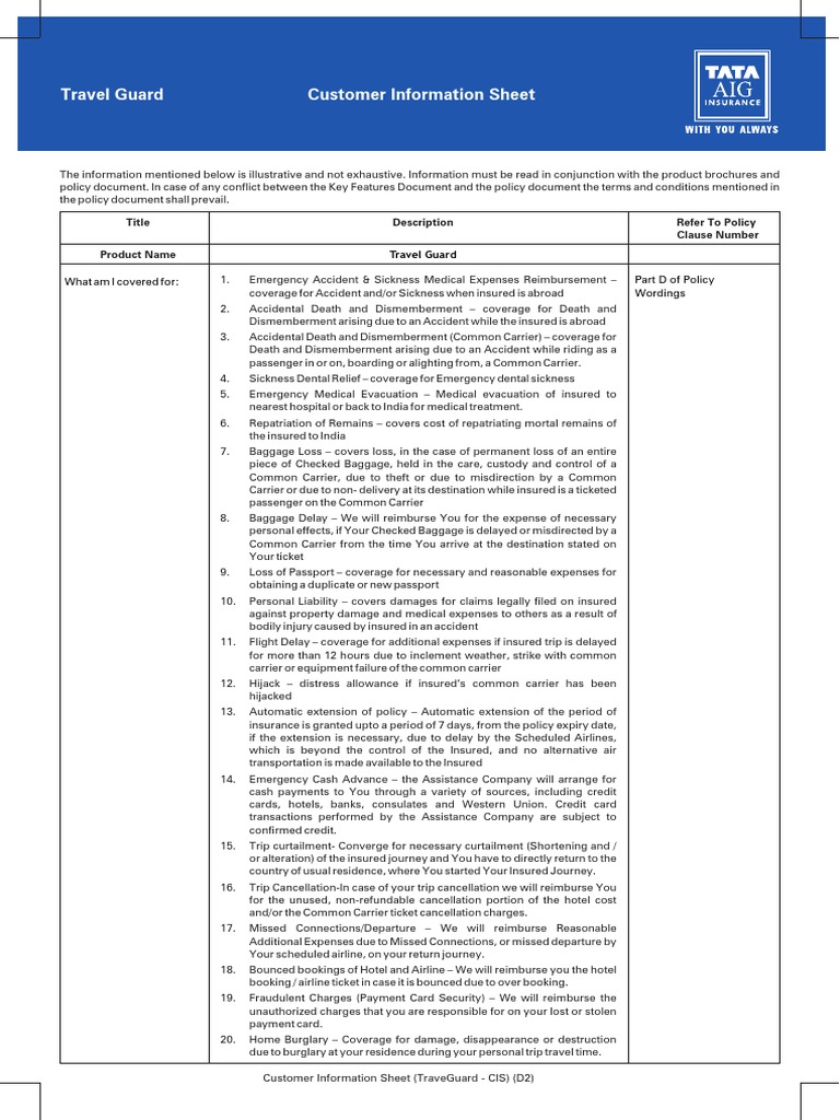 Customer Information Sheet Travel Guard Title Description Refer To