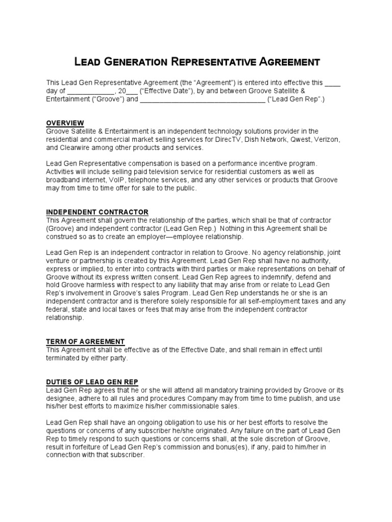 Lead Generation Representative Agreement | PDF | Independent Contractor ...