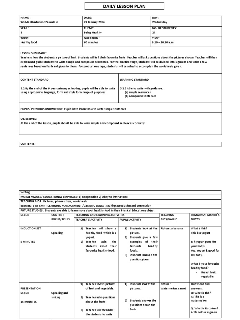 Year 3 Lesson Plan: Healthy Food Writing | PDF | Lesson Plan | Teachers