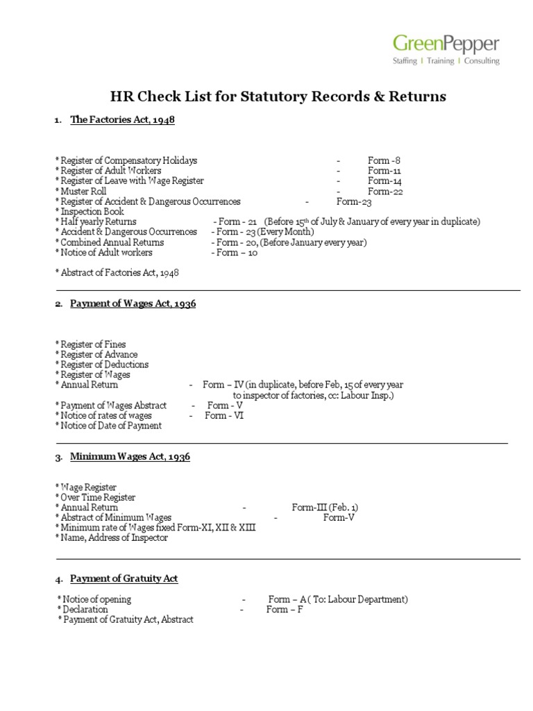 HR Statutory Compliance Checklist | PDF | Wage | Employment