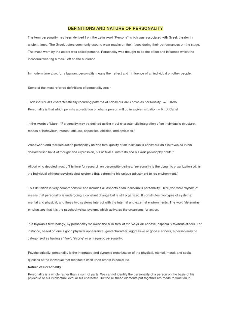 Nature and Definitions of Personality | PDF | Behavior | Self