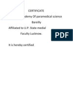 Certificate R.K Academy of Paramedical Science Bareilly Affiliated To U.P. State Medial Faculty Lucknow