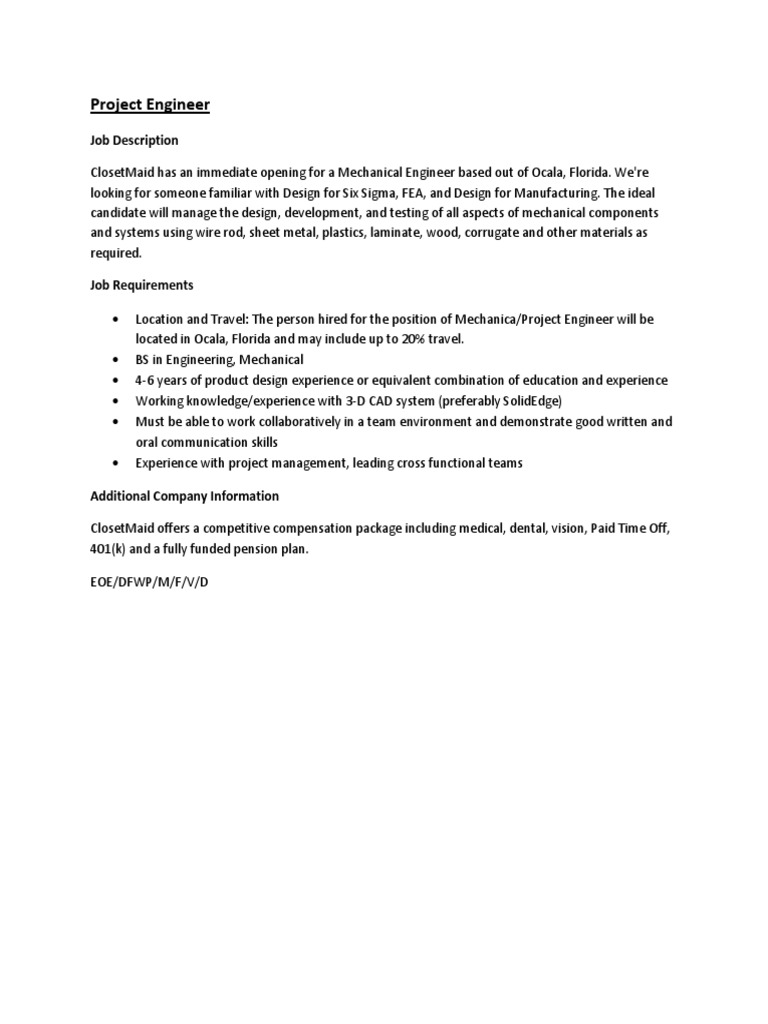 Project Engineer: Job Description | PDF | Career & Growth | Business
