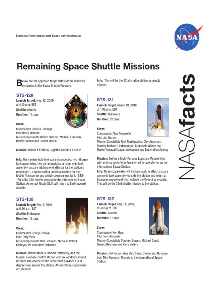 Remaining Space Shuttle Missions B: STS-129 STS-131 | PDF ...