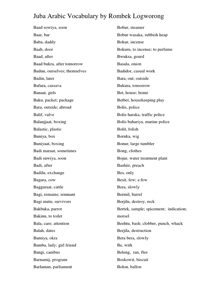 Juba Arabic Vocabulary PDF Crops Foods