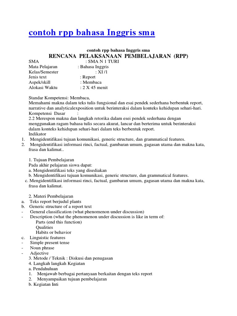Contoh RPP Bahasa Inggris Sma PDF