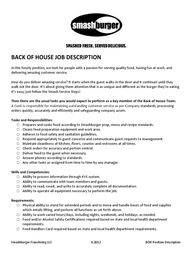 Back of House Job Description PDF