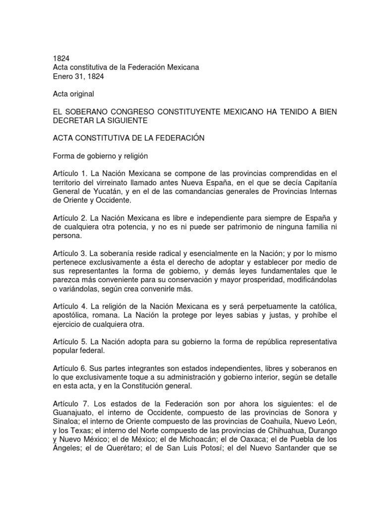Acta Constitutiva de La Federacion Mexicana [1824] México Federación