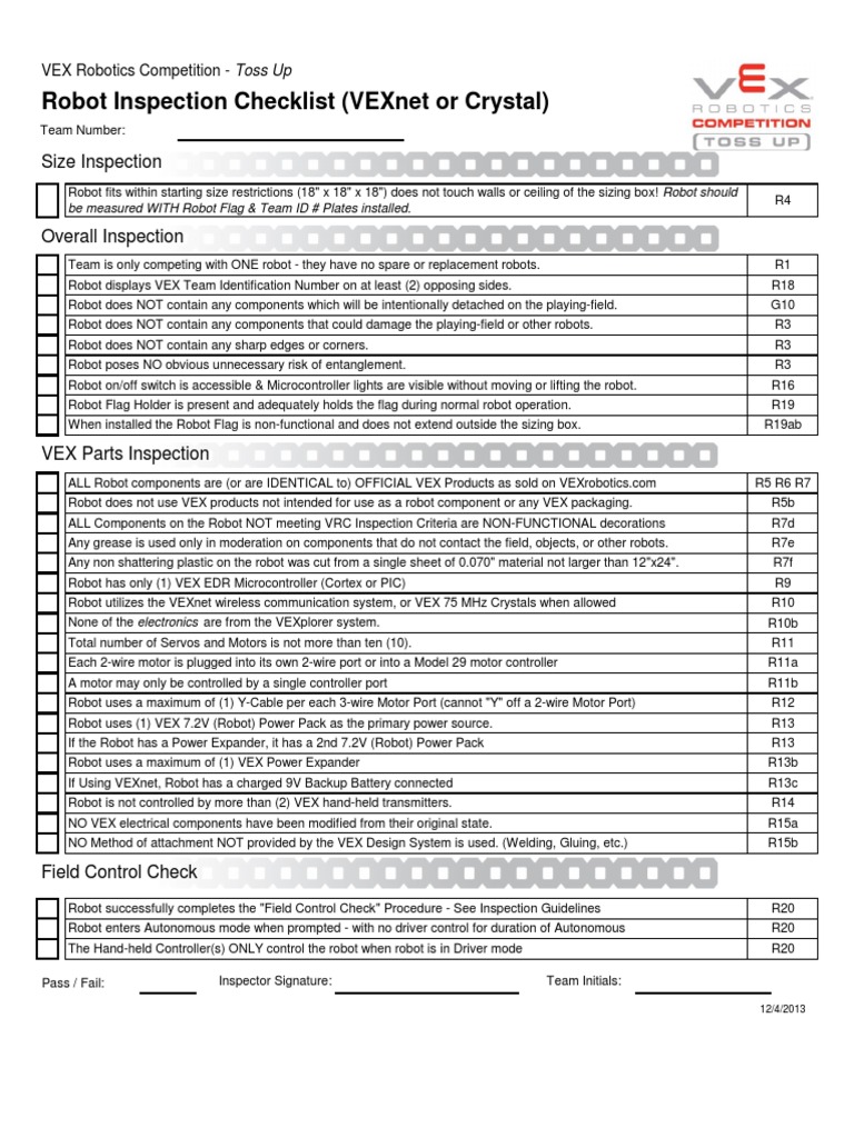 VEX Robotics Competition Inspection Checklist | PDF | Electrical ...