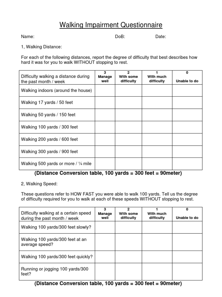 Walking Impairment Questionnair Walking Diseases And Disorders