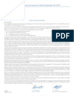 Report For The Second Quarter Ended September 30, 2011: Letter To The Shareholder