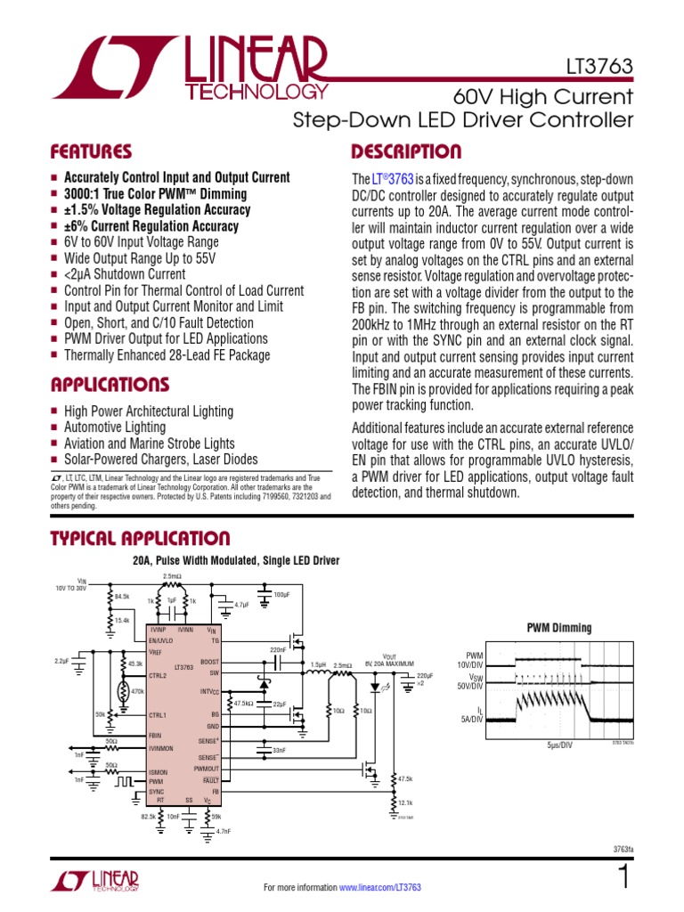Features Description: Lt3763 60V High Current Step-Down Led Driver ...