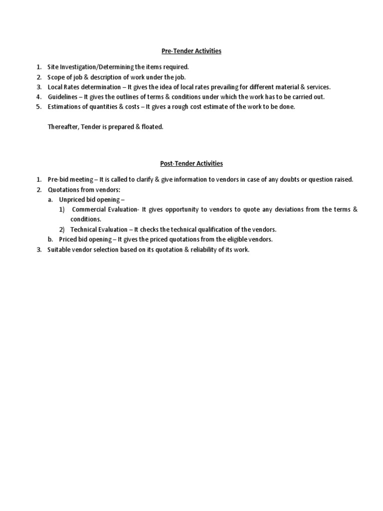 Pre-Tender Activities | PDF | Processes | Cost