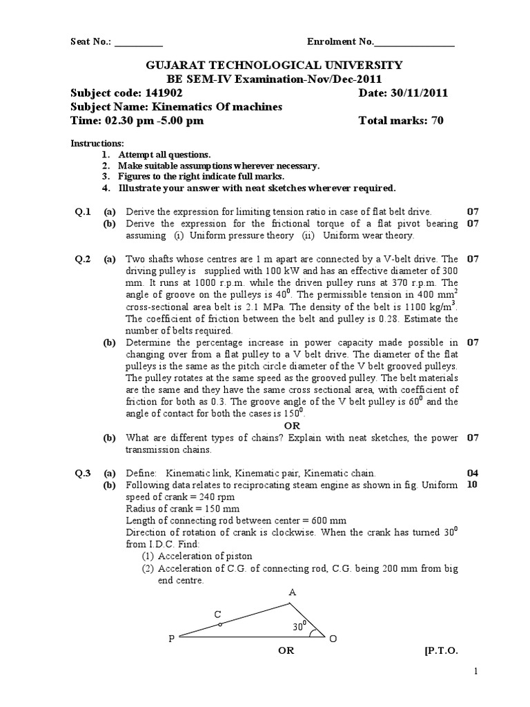 Kinematics of Machines Exam Paper 2011 | PDF | Belt (Mechanical) | Machines