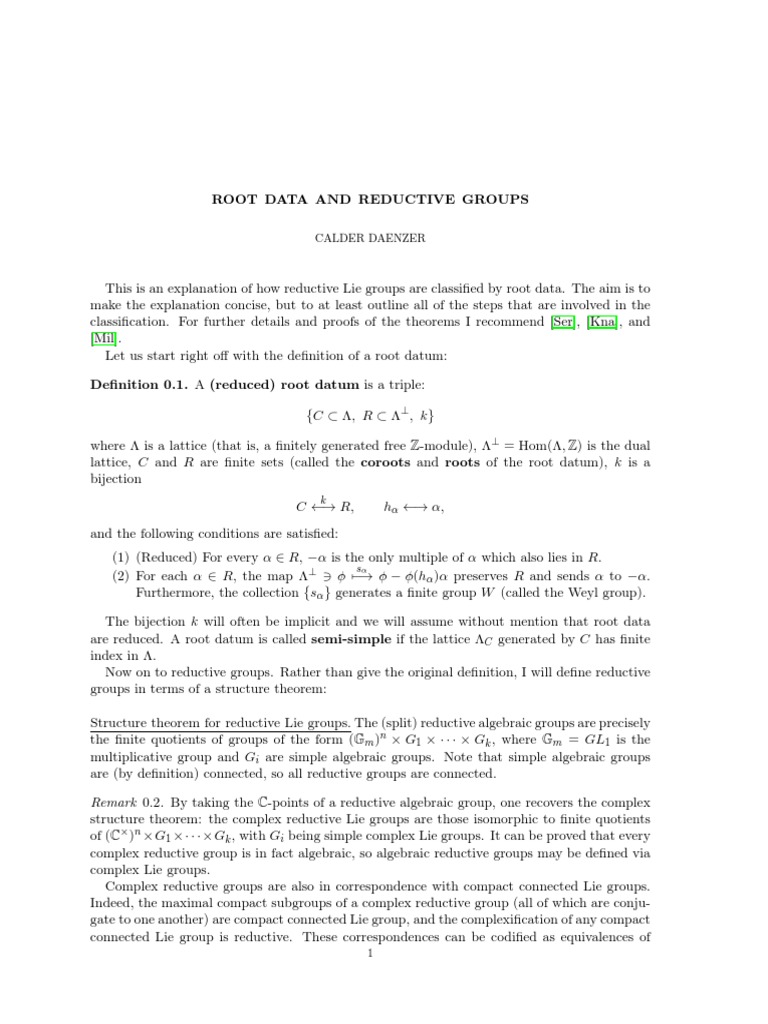 Root Data & Reductive Lie Groups | PDF | Lie Groups | Lie Algebra