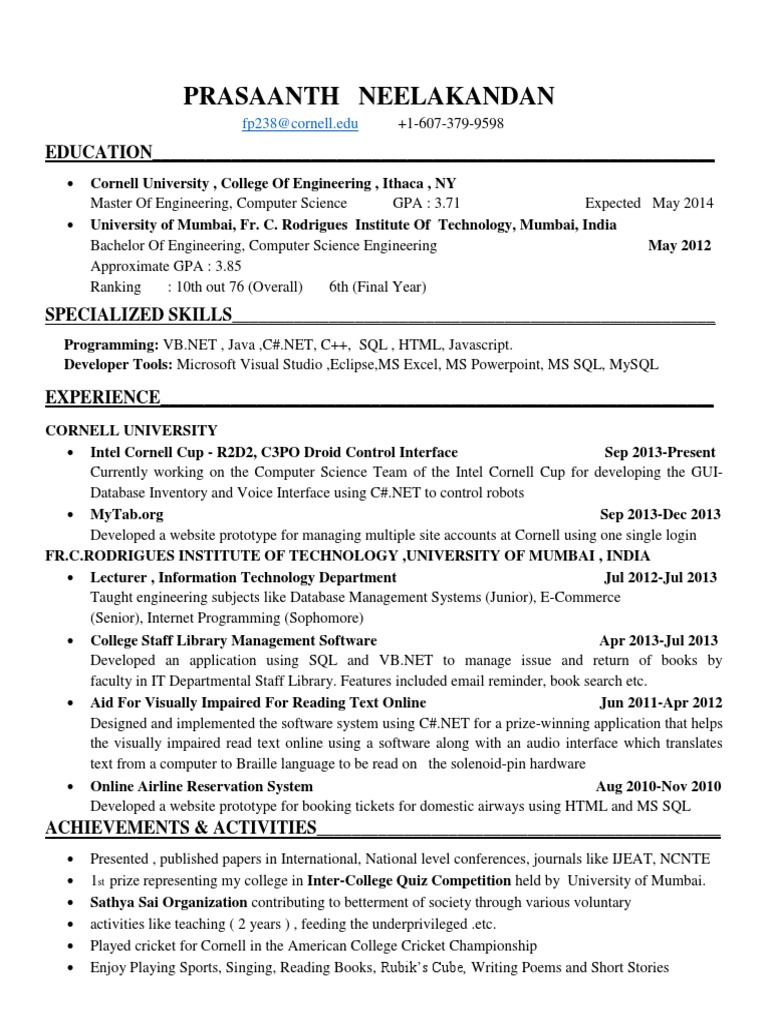Resume 123 Cornell University Sql
