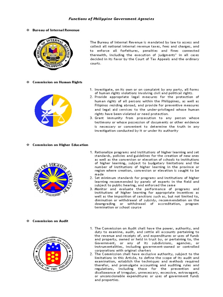 Functions of Philippine Government Agencies | PDF | Employment ...