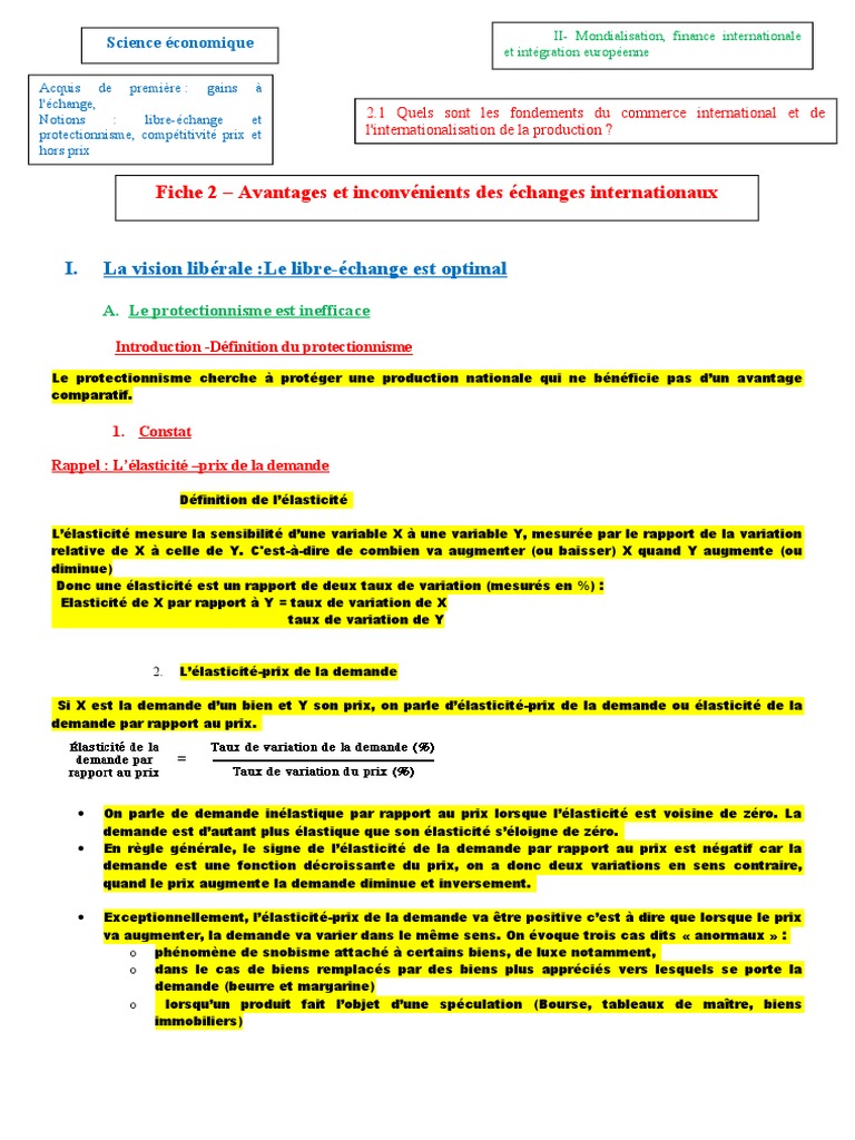 Quels Sont Les Fondements Du Commerce International Dissertation Corrigé Fiche 2 - Libre-Échange Et Protectionnisme | PDF | Protectionnisme |  Élasticité (économie)