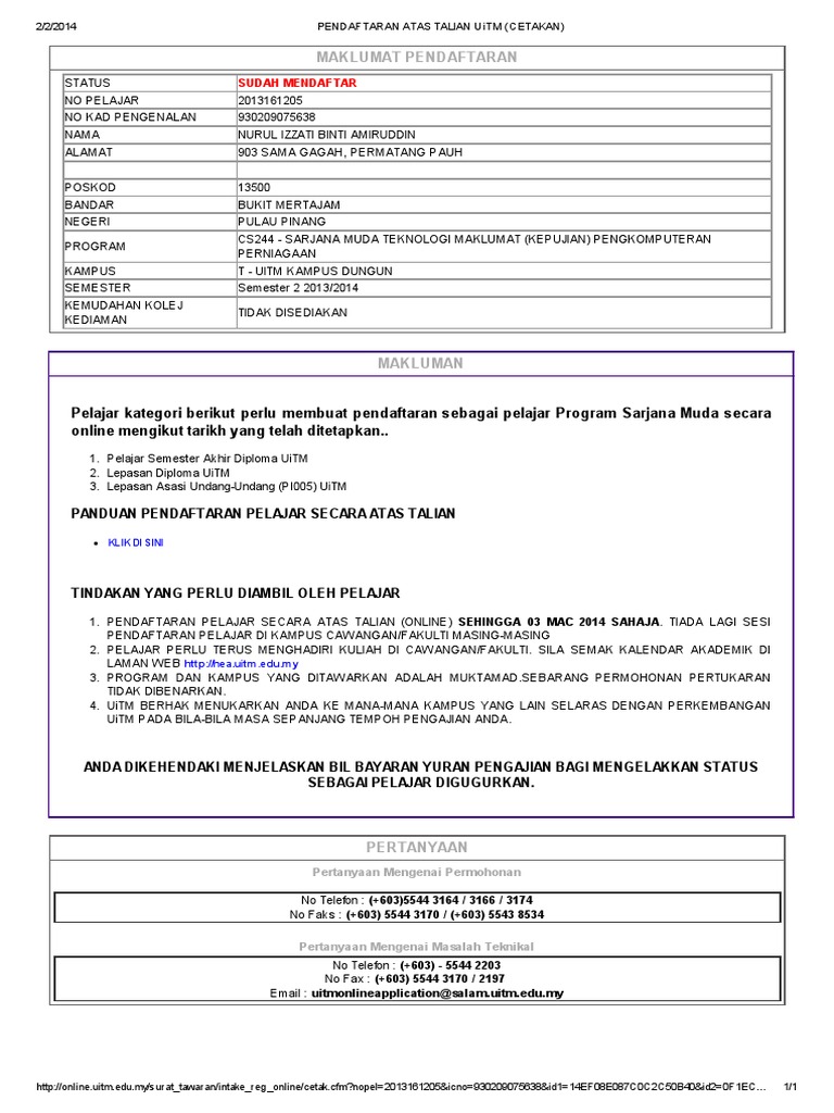 Pendaftaran Atas Talian Uitm Cetakan Pdf