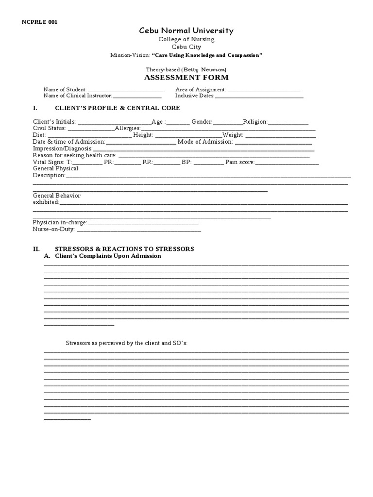 RLE 001-Assessment Form | PDF | Urinary Incontinence | Medical Diagnosis