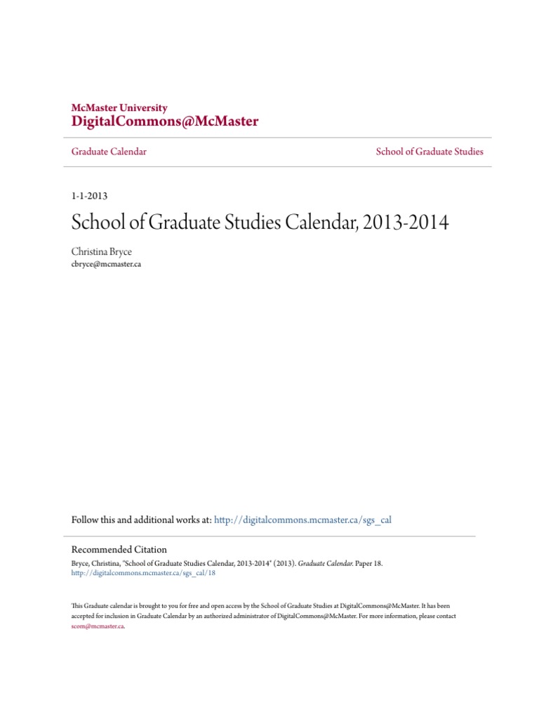 School of Graduate Studies Calendar 20132014 Graduate School