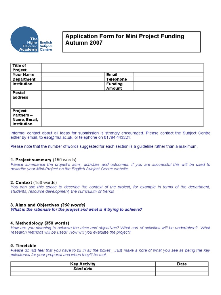 Application Form For Mini Project Funding Autumn 2007 | PDF ...
